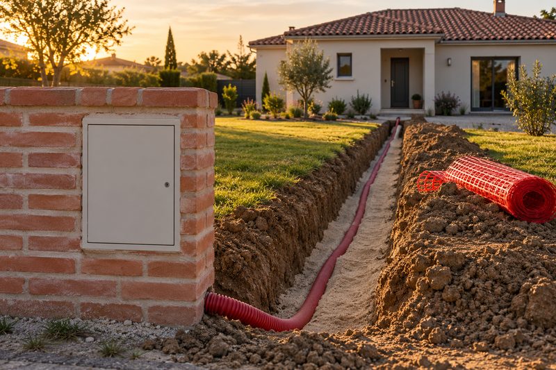 Muret technique en brique rose avec coffret électrique, gaine rouge menant vers une maison neuve