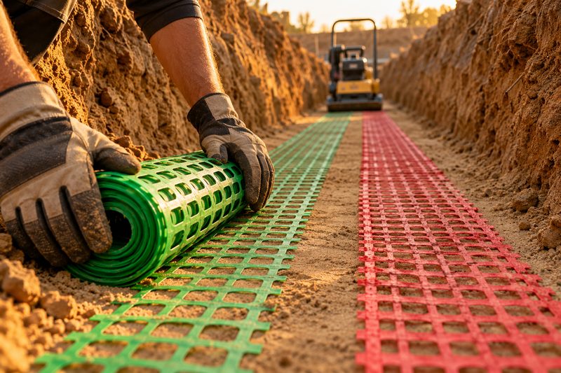 Mains gantées déroulant un grillage avertisseur vert sur le remblai d’une tranchée, grillage rouge déjà posé à côté, compacteur au fond