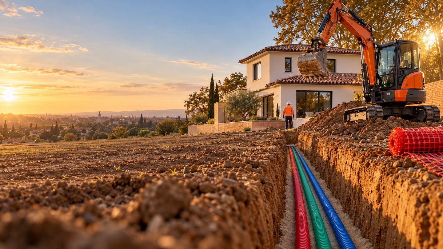 Tranchée de viabilisation avec gaines rouge, verte et bleue posées sur lit de sable, devant une maison neuve, mini-pelle orange au coucher du soleil près de Toulouse
