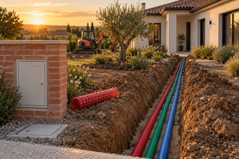 Tranchée de viabilisation entre un muret technique en brique toulousaine et une maison neuve, avec gaines électricité, télécom et eau