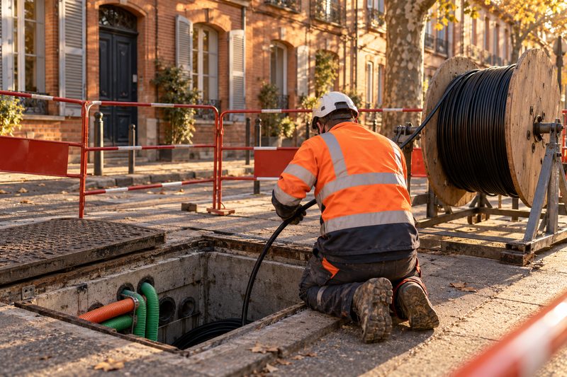 Technicien tirant un câble de fibre optique dans une chambre télécom ouverte sur un trottoir de Toulouse