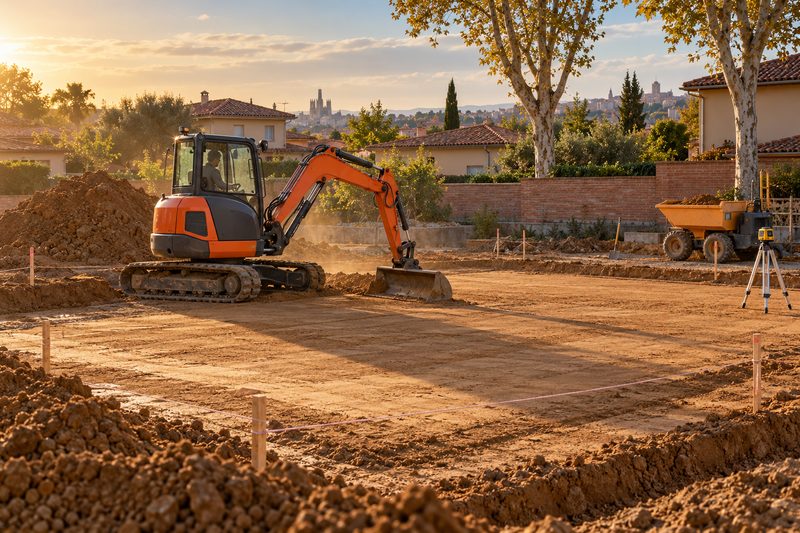 Mini-pelle orange nivelant une plateforme de maison sur un terrain près de Toulouse